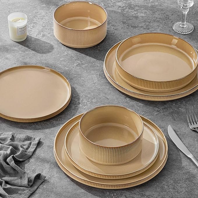 LIANYU 8 Piece Dinnerware Plates and Bowls for 2 Ceramic Elegant Stoneware Dishes Sets with Pasta Bowls Modern Ribbed Dining Ware Dishware for Restaurant Wedding Dishwasher Safe Dune Khaki