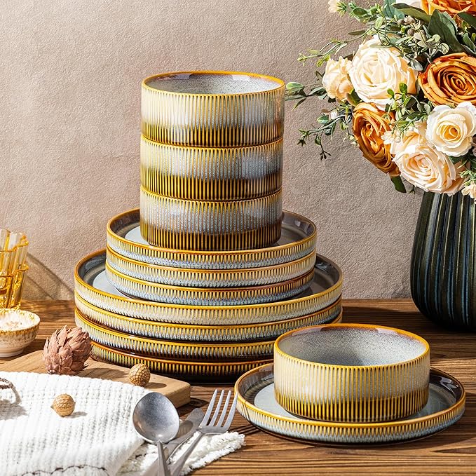 TheTerra Ceramic Dinnerware Sets for 4 12 Pieces Porcelain Lightweight Plates and Bowls Sets Scratch Resistant Dish Set Oven &amp Microwave &amp Dishwasher Safe Dusk Blue