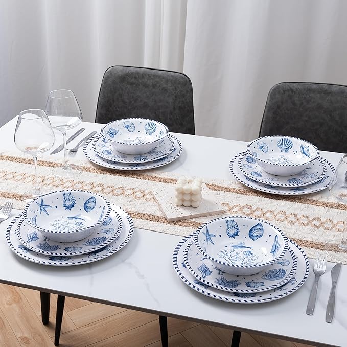 LEHAHA 12-Piece Coastal Melamine Dinnerware Set Service for 4 Unbreakable &amp Lightweight Round Plates and Bowls Set Outdoor Dish Set for Patio Camper RV Indoor Outdoor Use with Ocean Printed