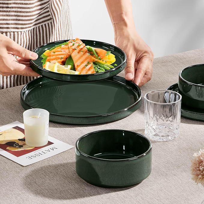Herogo 12 Pieces Stoneware Dinnerware Set for 4 Ceramic Dinner Dishware Sets for Home Kitchen Plates and Bowls with Rustic Terracotta Bottom Dishwasher &amp Microwave Safe Dark Green