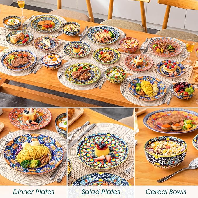 vancasso 18-Piece Dinnerware SetsCeramic Plates and Bowls Sets Service for 6 Bohemian Style Porcelain Dishes Set for 6 Microwave and Dishwasher Safe Scratch ResistantNon Toxic Series KRVI