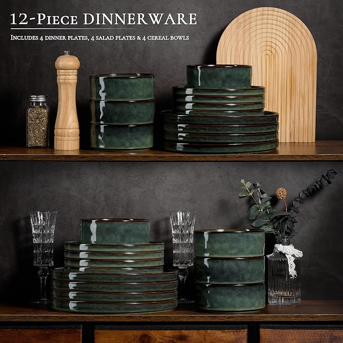 Vesteel Dinnerware Sets 12-Piece Stoneware Plates and Bowls Set Dishes Set for 4 Elegant Ceramic Dinnerware for Home Restaurant - Sage Green