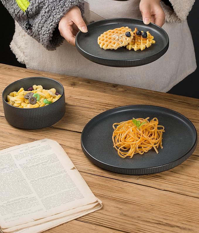 Famiware Star Dinnerware Set with Plates and Bowls Service for 4 (16-Piece) Stoneware Kitchen Dishes Dinner Sets - Full Glaze Matte Dark Charcoal