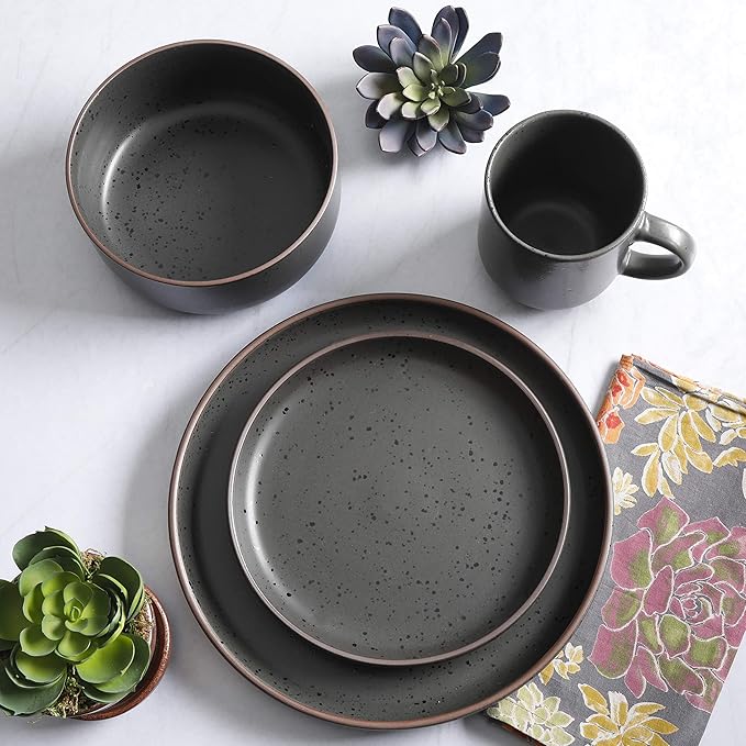Gibson Tosca Terra Cotta Reactive Dinnerware Set 16 Piece Black Sand