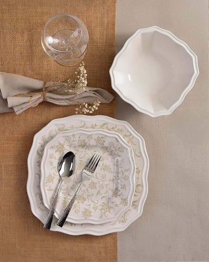 222 Fifth 12-Piece Porcelain Dinnerware Set for 4 Glossy Cream Plates and Bowls Set with Taupe Flowers Elegant Square Ceramic Dish Set Kitchen Tableware Microwave &amp Dishwasher Safe Batik Toil