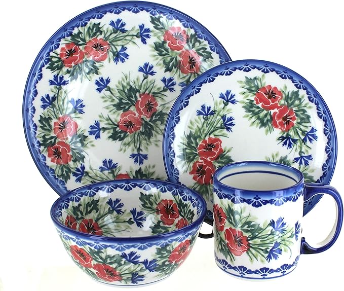Blue Rose Polish Pottery - Cherry Red Bouquet 4 PC Place Setting - Service for 1-1 Place Setting - Great for Everyday Dining Casual Dining or as Formal Dinnerware
