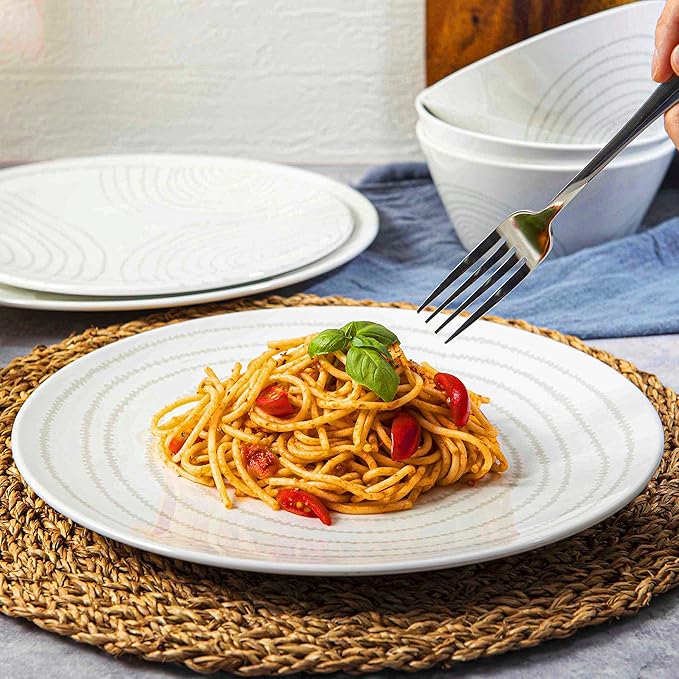 BZYOO BPA-Free Dishwasher Safe 100% Melamine Plastic Plate &amp Bowl Set Casual dining Indoor and Outdoor Dining Party (12 PCS Dinnerware set Service for 4 white planet)
