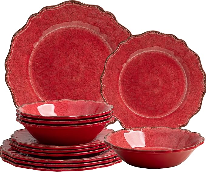 LEHAHA Farmhouse Red 12 Piece Melamine Dinnerware Sets For Indoor and Outdoor Use Rustic Dishes Dinnerware Sets with Bowls and Dinner/Dessert Plates BPA free Dinner Dishes Set Service for 4