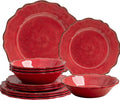 LEHAHA Farmhouse Red 12 Piece Melamine Dinnerware Sets For Indoor and Outdoor Use Rustic Dishes Dinnerware Sets with Bowls and Dinner/Dessert Plates BPA free Dinner Dishes Set Service for 4