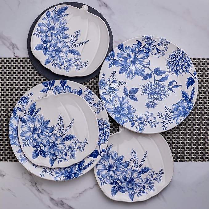 Bico Blue Floral Haven Ceramic 12 pcs Dinnerware Set Service for 4 Inclusive of 11 inch Dinner Plates 8.6 inch Salad Plates and 26oz Cereal Bowls for Party Microwave &amp Dishwasher Safe