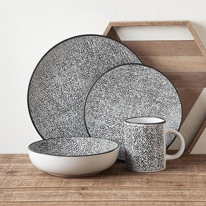 Stone Lain Sophie Rustic Stoneware Dinnerware Service for 4 Black and White Textured 16 Pieces