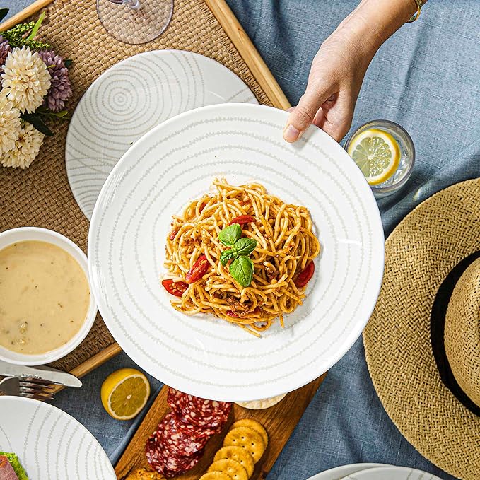 BZYOO BPA-Free Dishwasher Safe 100% Melamine Plastic Plate &amp Bowl Set Casual dining Indoor and Outdoor Dining Party (12 PCS Dinnerware set Service for 4 white planet)