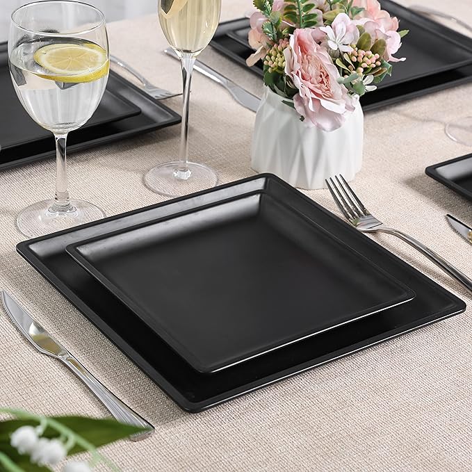 12 Piece Melamine Plates and Bowls Sets Square Dinner Set with Plates Dishes Bowls Black Square Dinnerware Sets -Serving Platers for 4 Dishwasher Safe