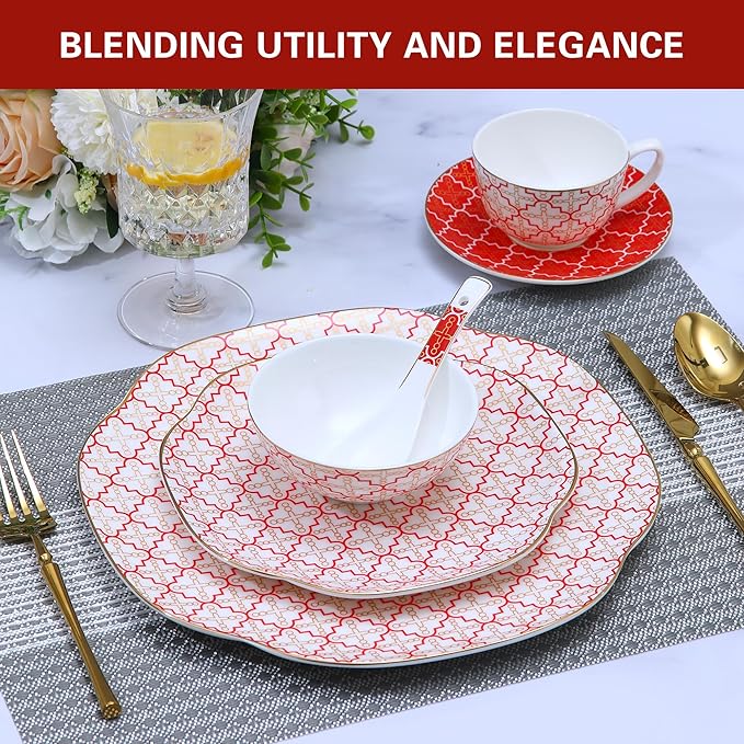 24-Piece Ceramic Porcelain Dinnerware Set for 4: Premium Bone China - Red Checkered Handcrafted Plates &amp Bowls | Heavy Duty Chip &amp Scratch Resistant | Gourmet Oven &amp Dishwasher Safe