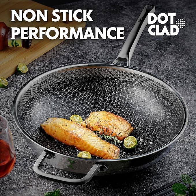 3-Piece Hybrid Stainless Steel Cookware Set-12 Inch Wok with Lid10 Inch Frying Pan12 Inch Skillet with Lid-Non StickPFOA FreeDishwasher&ampOven SafeInduction CompatibleCookware Set.