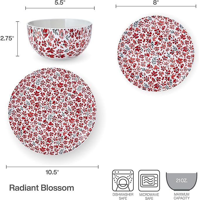 Pfaltzgraff Radiant Blossom 12 Piece Floral Stoneware Dinnerware Plate Bowl Dish Set Service for 4 Red