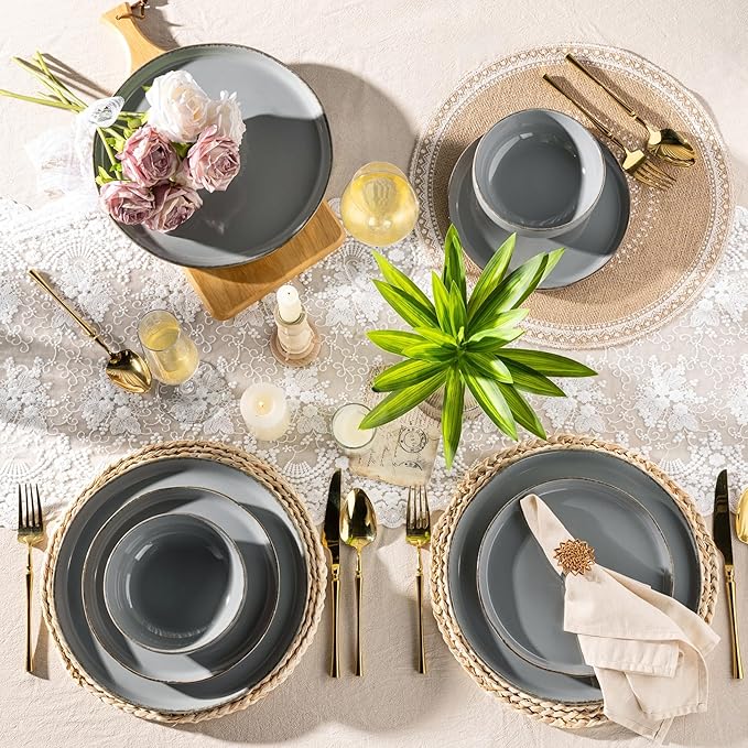 AmorArc Ceramic Dinnerware Sets for 4 12 Pieces Handpainted Plates and Bowls Set with Rustic Terracotta Underside Scratch Resistant Stoneware Dishes Set Dishwasher &amp Microwave Safe