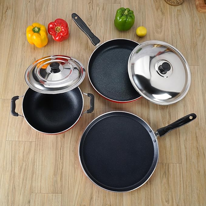 Sumeet 2.6mm Thick Non-Stick SORX Cookware Set (Dosa Tawa 26.5cm Dia + Kadhai with Lid 1.5Ltr Capacity- 20cm Dia + Fry pan 1.5Ltr Capacity 21cm Dia)