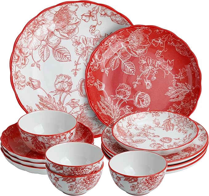 12-Piece Dinnerware Set with Red and White Plates Service for 4 Microwave and Dishwasher Safe
