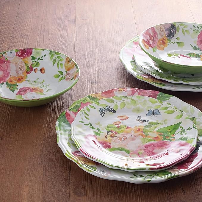 UPware 12 Piece Rose Garden Melamine Dinnerware Sets Outdoor Dishes Set Plates and Bowls Sets Service for 4 Multicolor