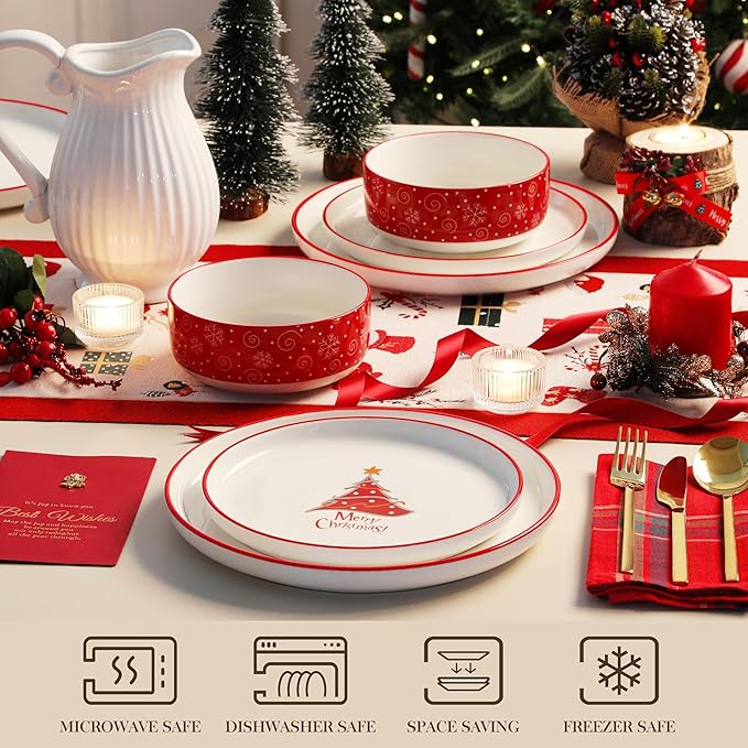 MALACASA Plates and Bowls Sets 12 Pieces Christmas Porcelain Dinnerware Set for 4 Ceramic Dishware Dishes Kitchen Dining Ware Set Microwave and Dishwasher Safe Series LUNA-Christmas Tree
