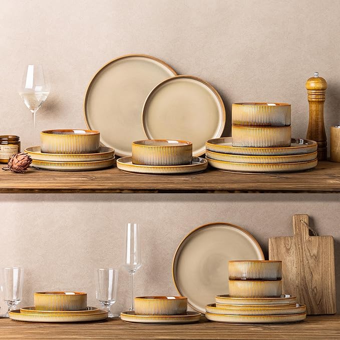 TheTerra Ceramic Dinnerware Sets for 4 12 Pieces Porcelain Lightweight Plates and Bowls Sets Scratch Resistant Dish Set Oven &amp Microwave &amp Dishwasher Safe Creamy Amber