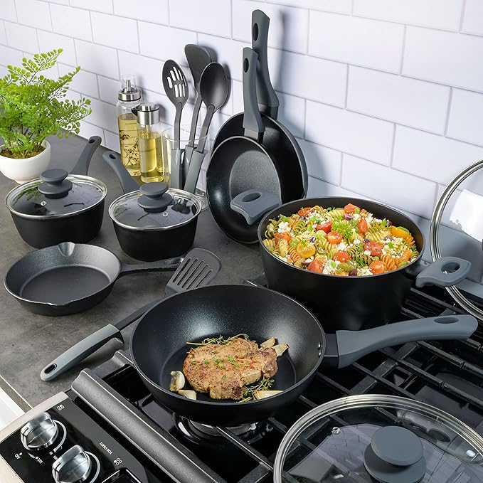 Gibson Soho Lounge Nonstick Forged Aluminum Induction Pots and Pans Cookware Set W/Cast Iron Skillet 15-Piece Set Black