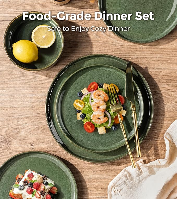 GBHOME Stoneware Dinnerware Sets for 4 12 Pieces Ceramic Ribbed Plates and Bowls Set Reactive Glaze Stackable Plate Sets Scratch Resistant Dishes Microwave &amp Dishwasher Safe Sage Green