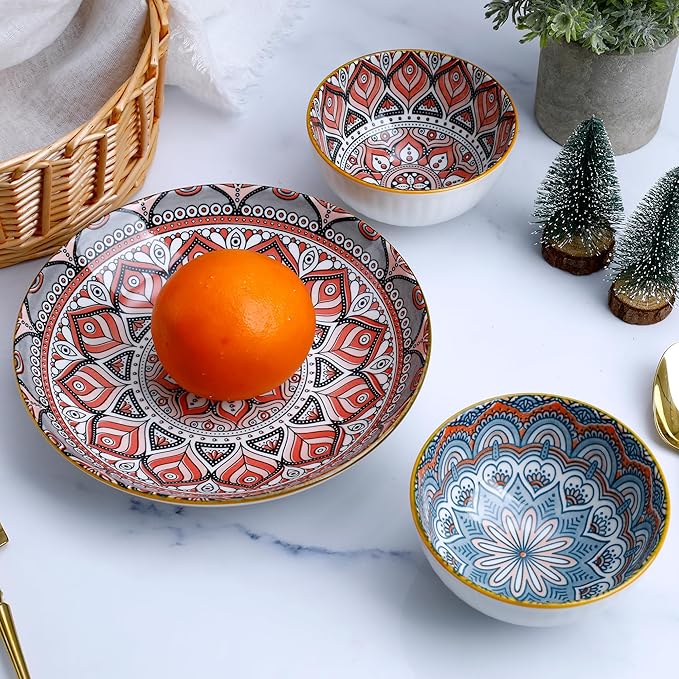 Bohemian Porcelain Dinnerware Set 14-Piece Plates &amp Bowls for 2 Microwave &amp Dishwasher Safe Unique Pattern Gift Set