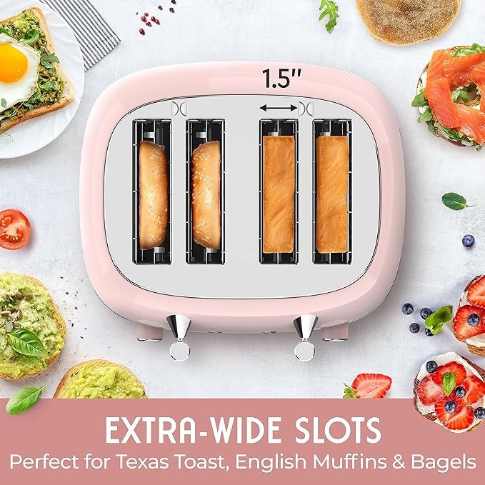 Mueller Retro Toaster 4 Slice with Extra Wide Slots Bagel Defrost and Cancel Function 6 Browning Levels Dual Independent Controls Removable Crumb Tray and High Lift Levers Pink