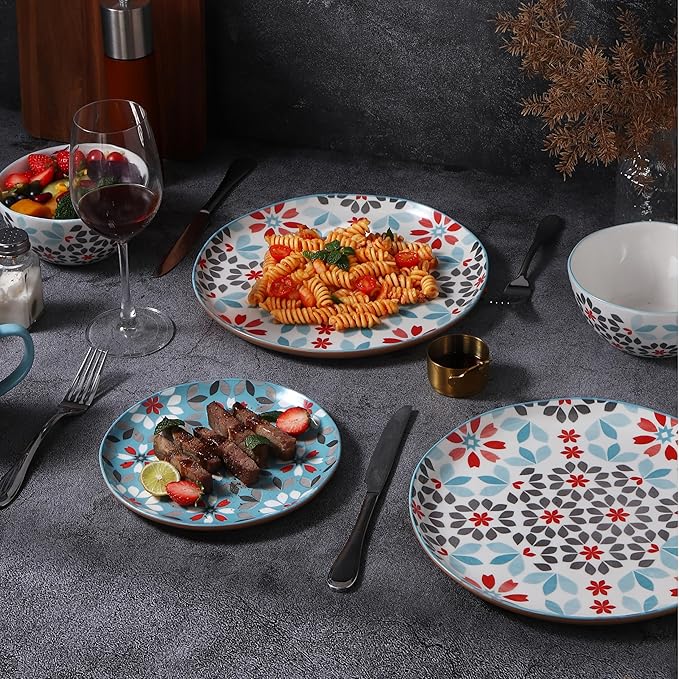 Lorren Home Trends Floral Bone China Dinnerware Set 12 Piece Service for 4 Blue Red Gray Pattern Dishwasher Microwave Safe