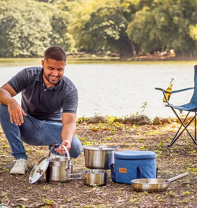 Camping Cookware Set 304 Stainless Steel 8-Piece Pots &amp Pans Open Fire Cooking Kit | Frying Pan Steamer with Travel Tote Bag | Compact For Outdoors &amp Indoors Kitchen Family Campfire Hiking RV