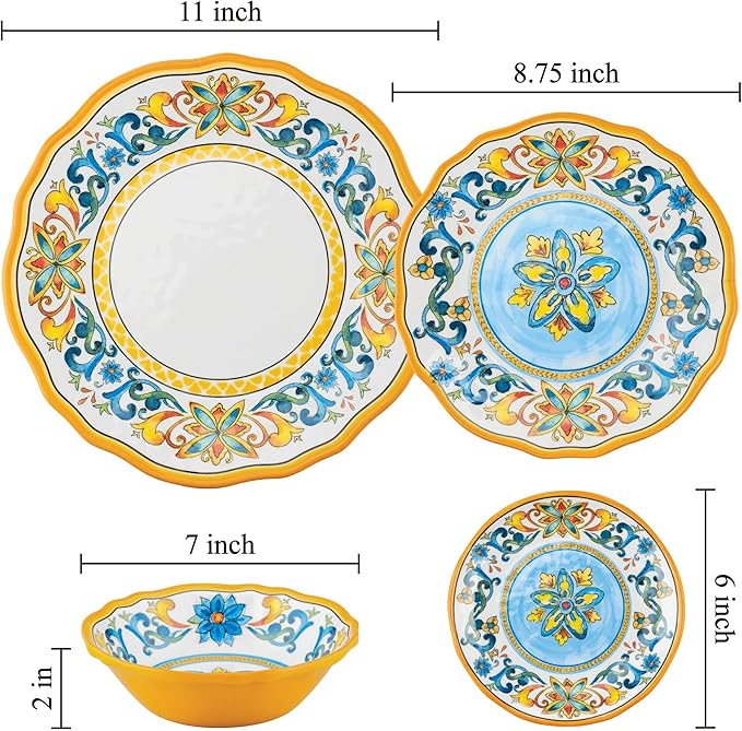 UPware 16 Piece Chianti Melamine Dinnerware Sets Outdoor Dishes Set Plates and Bowls Sets Service for 4 Multicolor