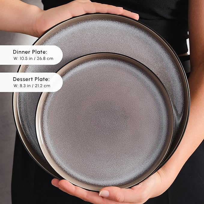 Karaca Mercure 59 Piece Stoneware Plates and Bowls Set Reactive Glaze Black Dinner Set Complete Kitchen Tableware Collection Ideal Dinnerware for 12 People Dining Experience Dishwasher Safe