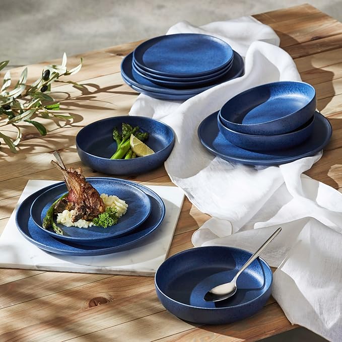 Porto by Stone Lain Macchio 24-Piece Premium Kitchen &amp Dining Dinnerware Set Stoneware Blue Matte Crafted in Portugal Dishwasher and Microwave Safe Scratch-Resistant Dish Set for 8