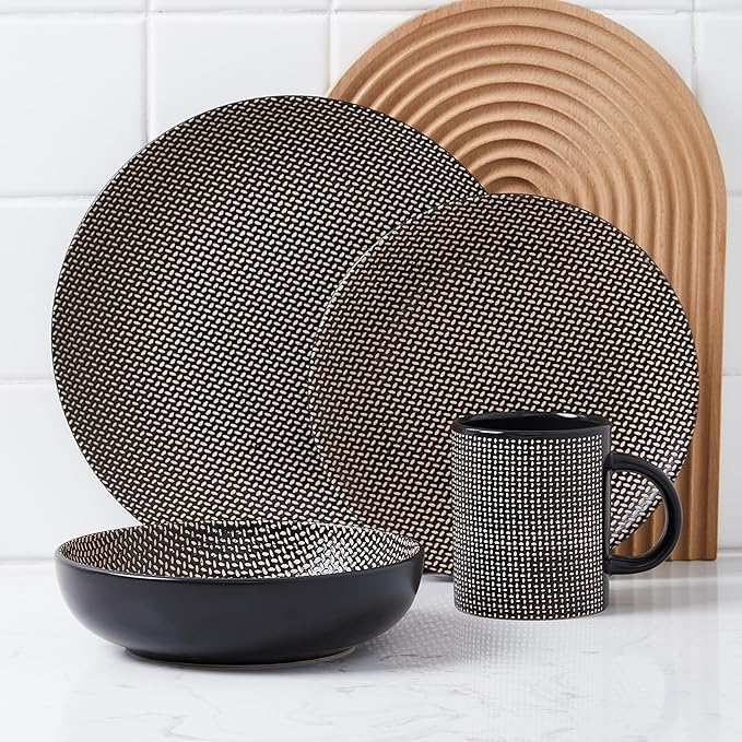 Stone Lain Daisy Stoneware 32-piece Round Dinnerware Set Brown and Black