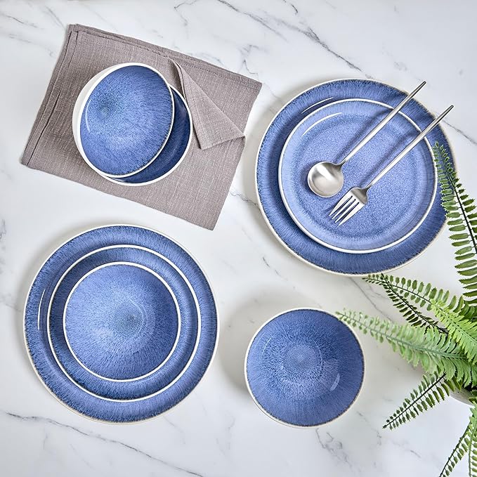 Sango 12-Piece Stoneware Dinnerware Set for 4 Light Blue Reactive Glaze on White Plates and Bowls Sets Kitchen Ceramic Dish Set Modern Dishes for Everyday Dining Microwave &amp Dishwasher Safe C