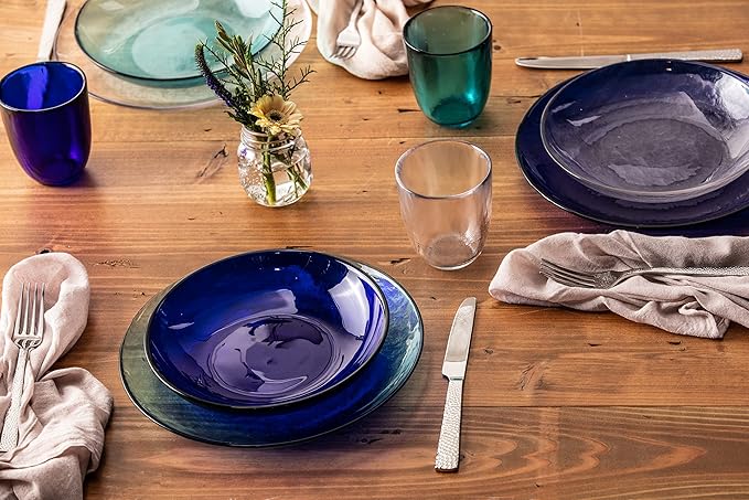 Fortessa Los Cabos Glass Dinnerware Collection Coupe Entrée Bowl (Set of 4) 8.6 Inch/25oz Lagoon Blue