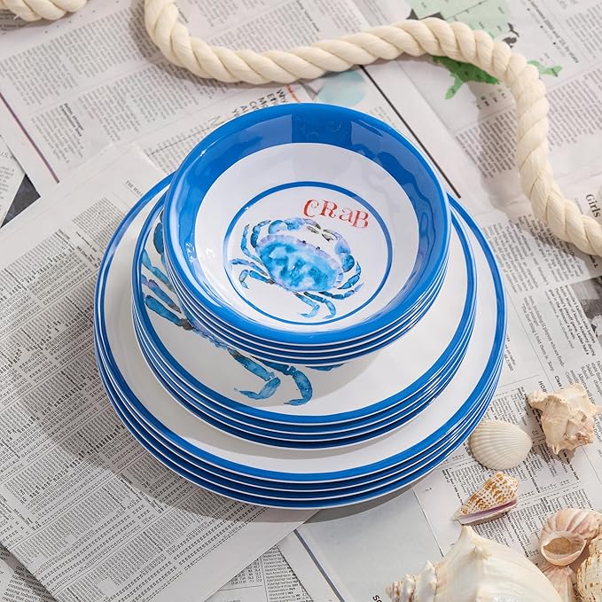 Beach House Crab 12-Piece Melamine Dinnerware Set – Vibrant Coastal Charm Service for 4 Blue &amp White Nautical Design Durable Shatterproof Lightweight and Dishwasher-Safe