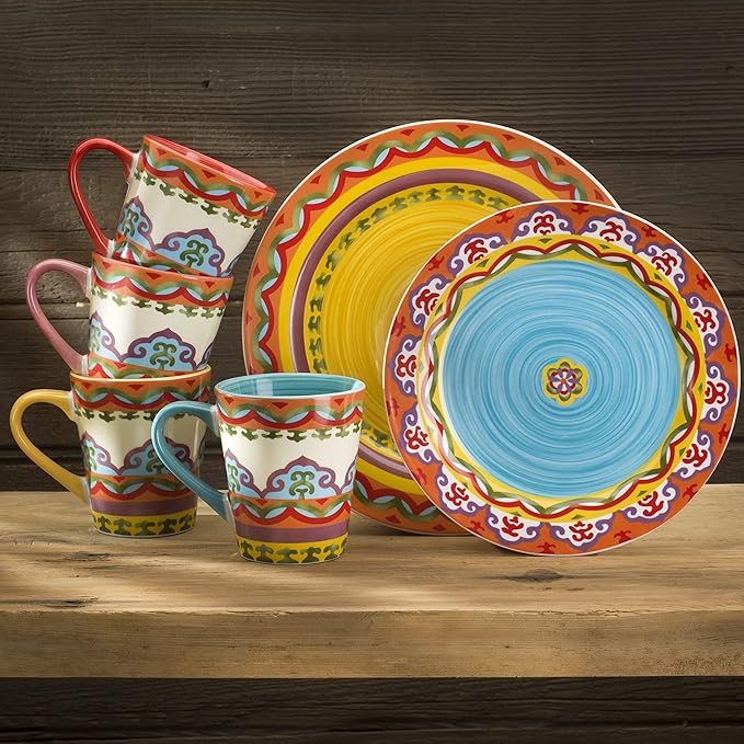 Euro Ceramica EC-GAL-1001 Galicia Collection Andalusian-Inspired 16 Piece Dinnerware Set Vibrant Assorted Patterns Multicolor