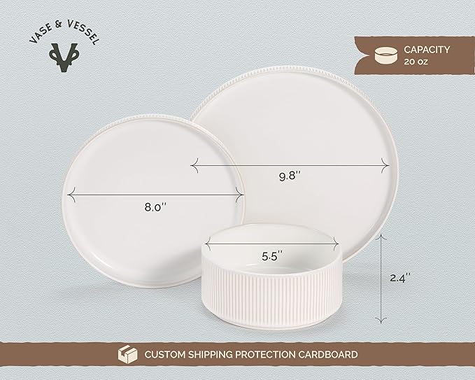 Ceramic Dinnerware Set by Vase and Vessel 12-Piece Service for 4 9.8” Dinner Plates 8” Salad Plates 20 oz Bowls Ombre Reactive Glaze Durable Stoneware Microwave &amp Dishwasher (Powder White)