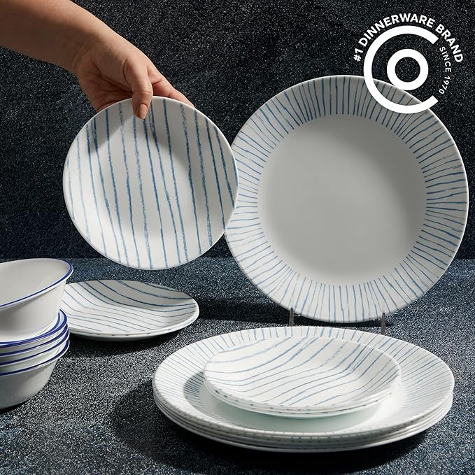 Corelle 18-Piece Dinnerware Set Service for 6 Lightweight Round Plates and Bowls Set Vitrelle Triple Layer Glass Chip Resistant Microwave and Dishwasher Safe Nautical Stripes