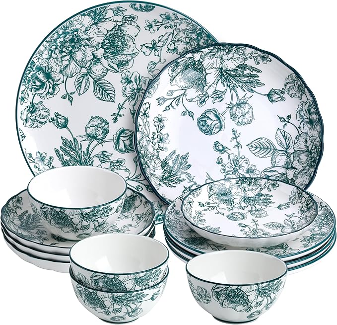12-Piece Dinnerware Set for 4 Green Floral Porcelain Plates &amp Bowls Microwave and Dishwasher Safe