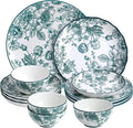 12-Piece Floral Porcelain Dinnerware Set Service for 4 Green Pattern Plates and Bowls Microwave and Dishwasher Safe