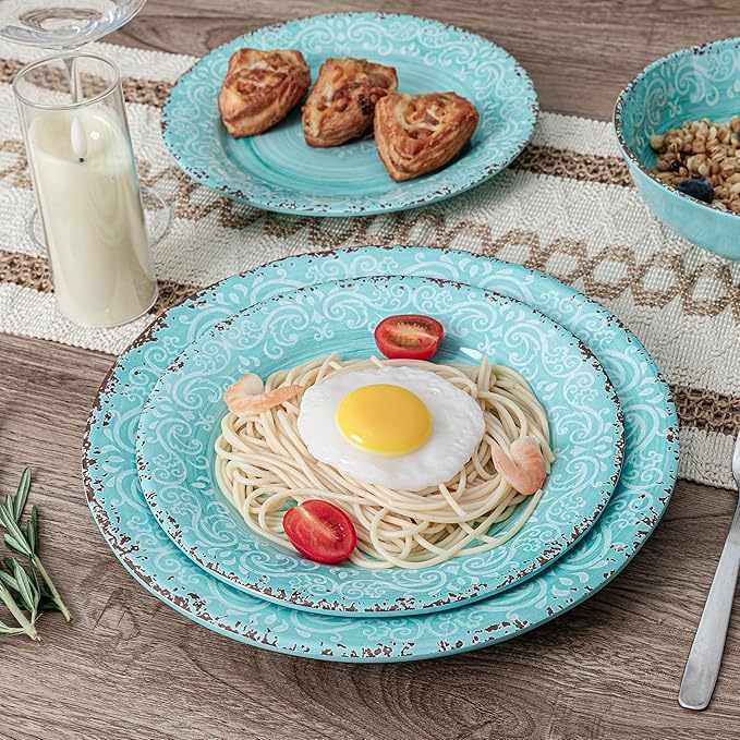 12-Piece Farmhouse Dinnerware Set set of 4 100% Melamine Dishes Serving Set with Plates and Bowls Non-breakable and Lightweight Dinner Set for indoor and outdoor entertaining Light Teal