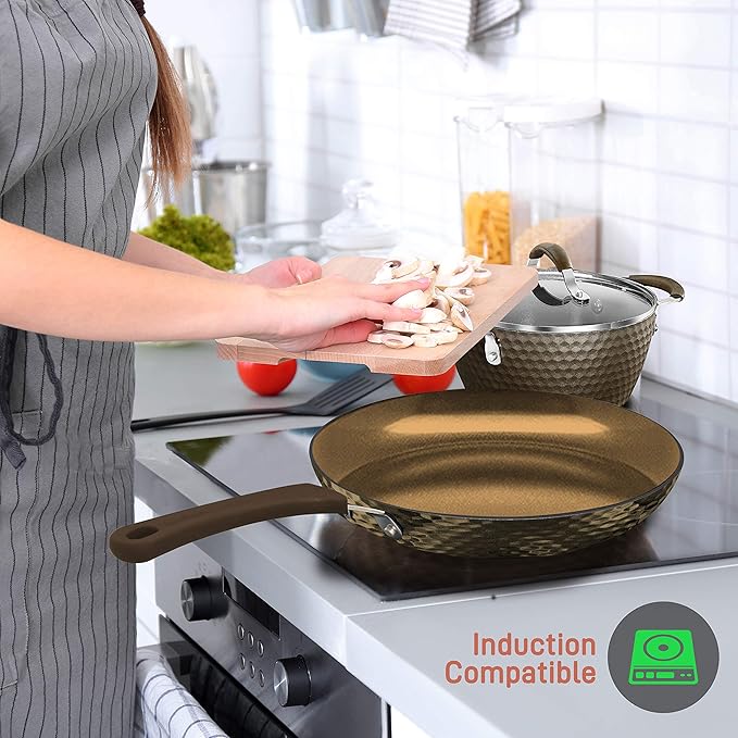 NutriChef 11-Piece Nonstick Kitchen Cookware Set - PTFE/PFOA/PFOS-Free Heat Resistant Kitchen Ware Pots Pan Set Coffee Ceramic Coating - Saucepot Pans Cooking Pot Oven Pot Lid Utensil NCCW11COF