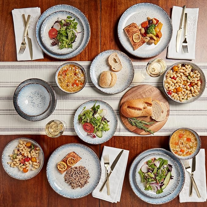 Tabletops Gallery Speckled Farmhouse Collection- Stoneware Dishes Service for 4 Dinner Salad Appetizer Dessert Plate Bowls 16 Piece Jura Embossed Dinnerware Set in Smoky Blue