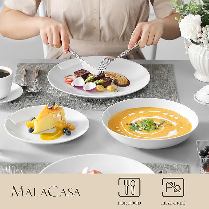 MALACASA 30-Piece Gourmet Porcelain Dinnerware Sets Modern White Round Dish Set for 6 - Premium Serving Plates and Bowls Sets for Dessert Salad Soup Pasta - Series AMELIA