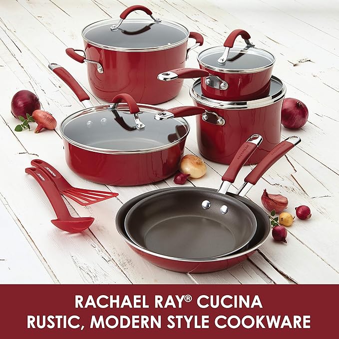 Rachael Ray Cucina Nonstick Cookware Pots and Pans Set 12 Piece Cranberry Red &amp Cucina Nonstick Sauce Pot/Saucepot with Steamer Insert and Lid 3 Quart Cranberry Red