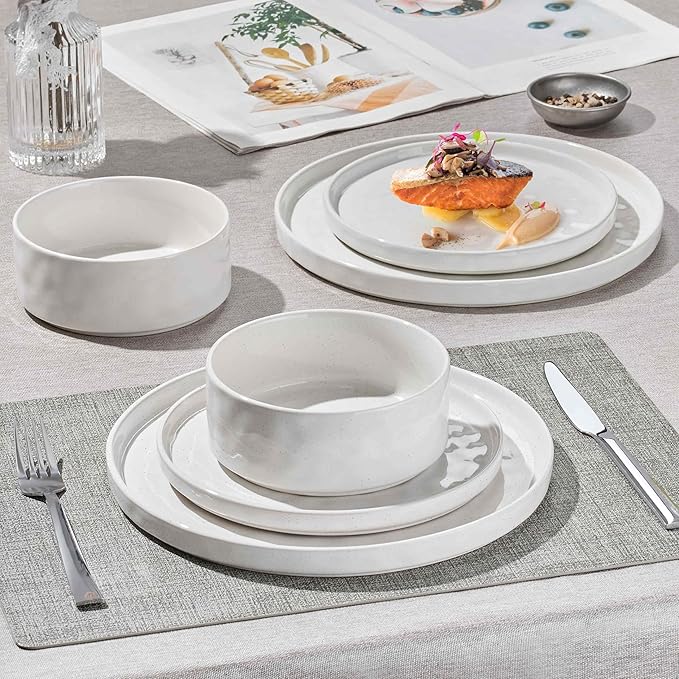 Herogo 18 Pieces Plates and Bowls Sets for 6 with Pasta Bowls Set of 4 Stoneware Dinnerware Set for Kitchen Ceramic Dinner Dishware Dishwasher &amp Microwave Safe Speckled White